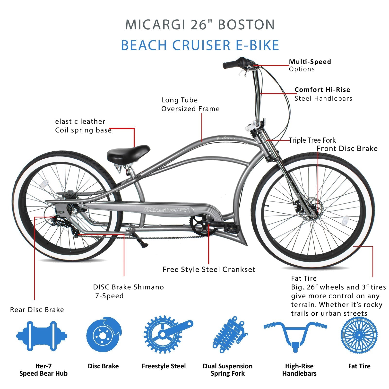 Tracer Bikes | Micargi Boston GT7 Stretch Cruiser Bicycle, 7-Speed, 26" Chopper Frame |  Chico USA, Inc. 