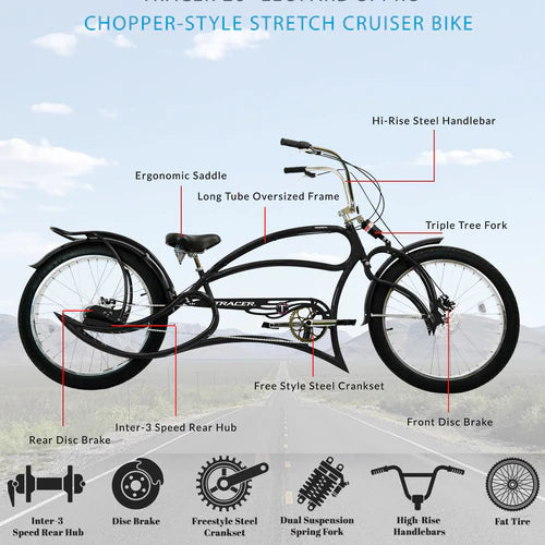 Tracer Bikes | Tracer Leopard 3i Pro Vintage Stretch Beach Cruiser Bike, Internal 3-Speed |  Chico USA, Inc. 