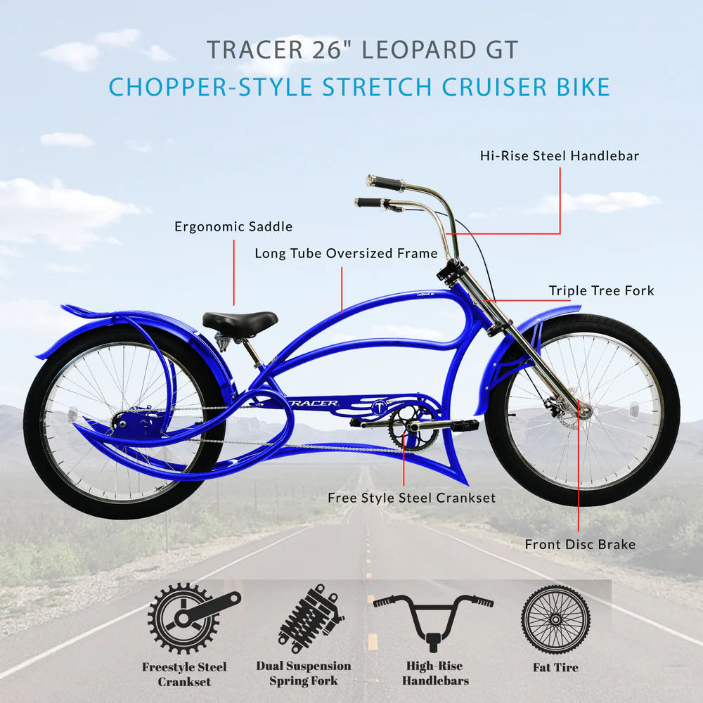 Tracer Bikes | Tracer Leopard GT Chopper Stretch Cruiser Bike with 3-Speed Rear Hubs |  Chico USA, Inc. 