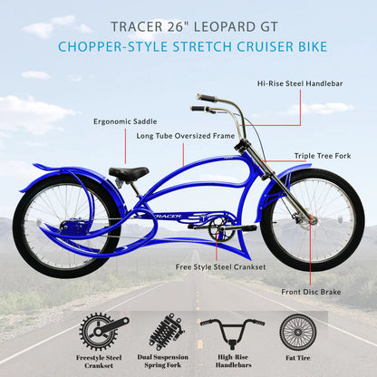Tracer Bikes | Tracer Leopard GT Chopper Stretch Cruiser Bike with 3-Speed Rear Hubs |  Chico USA, Inc. 