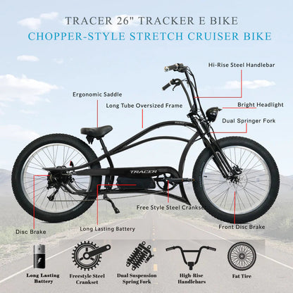 Tracer Bikes | Tracer Tracker DS7 26" 7 Speed Stretch E-Bike with Classic Dual Springer Fork, Disc Brakes, and Shimano Components |  Chico USA, Inc. 