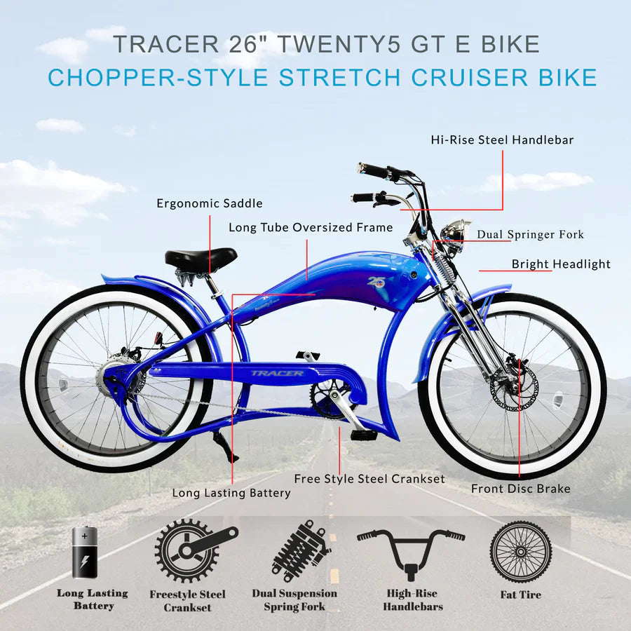 Tracer Bikes | Tracer Twenty5 DS 500W Chopper Cruiser E-Bike |  Chico USA, Inc. 