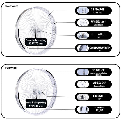 Chico WH-TH7526140C-CP Lowrider 26"*3" Coaster Brake Alloy Chrome Fat Rims Wheel Set - Chico USA, Inc.