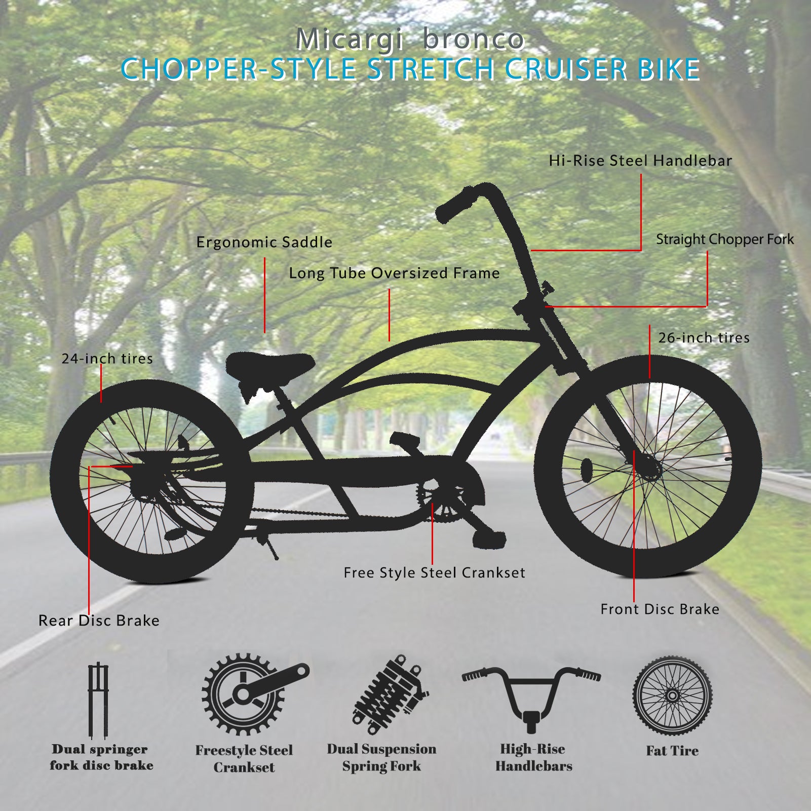 Micargi Bronco 3.0 26" Stretch Classic Beach Cruiser Bike