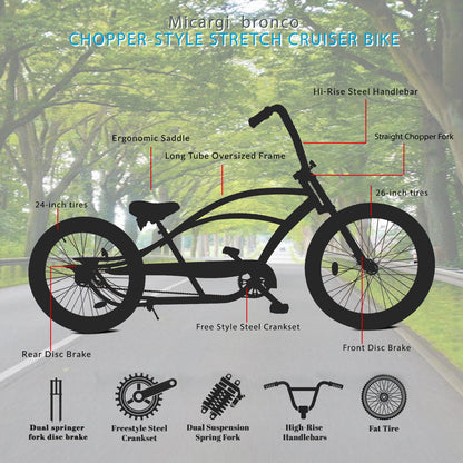 Micargi Bronco 3.0 26" Stretch Classic Beach Cruiser Bike