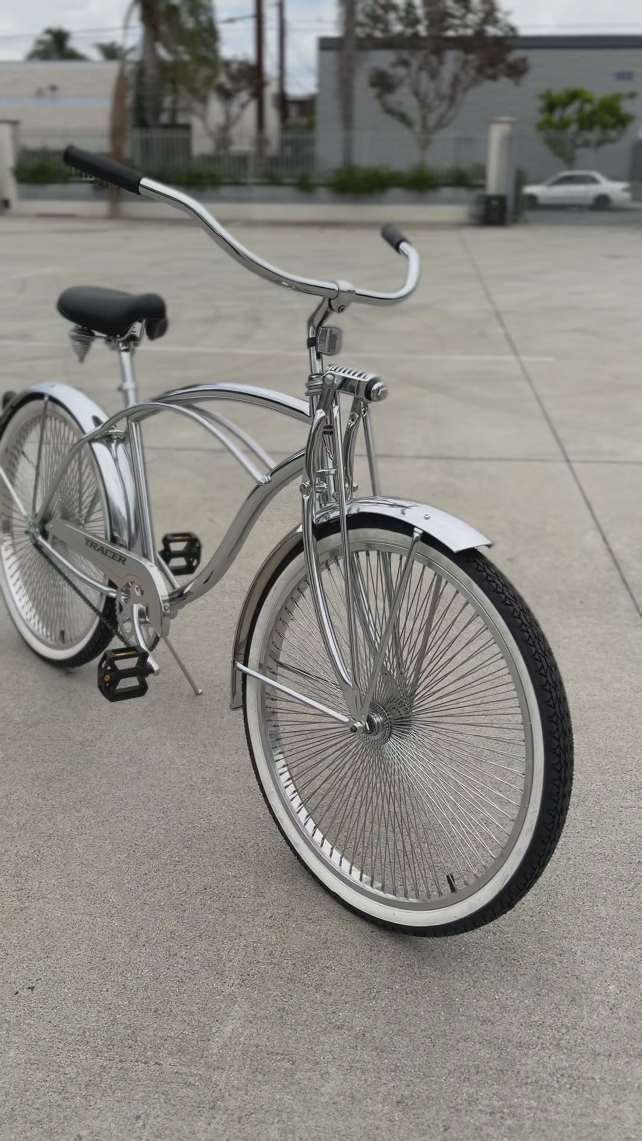 Load video: Chrome Tracer Cheetah Vintage Stretch Cruiser Bike with Classic Springer Fork